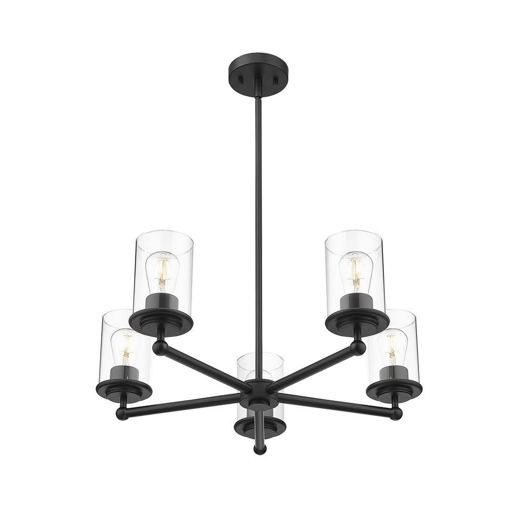 Matte Black 5-Light Steel Chandelier with Clear Glass Shades