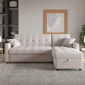 81.9 in. W Light Gray Cotton Queen Size Reversible Pull out Sleeper 4 Seats Sectional Storage Sofa Bed