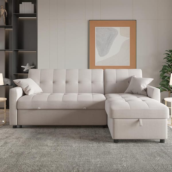 erger maken verticaal zuiger J&E Home 81.9 in. W Light Gray Cotton Queen Size Reversible Pull out Sleeper  4 Seats Sectional Storage Sofa Bed JE-SF-LV7047LG - The Home Depot