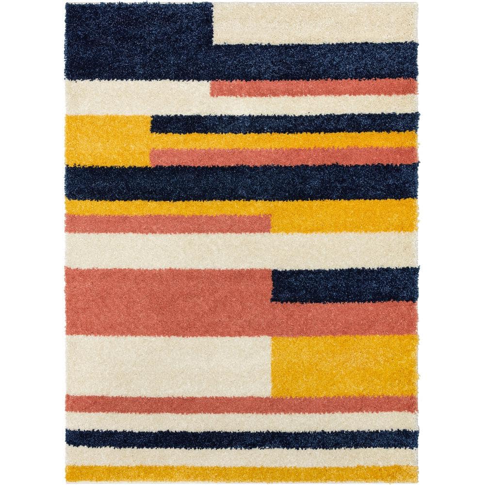 Well Woven Gigi Katniss Moroccan Geometric Shag Ivory Blue 3 ft. 11 in