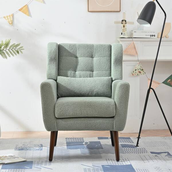 Light Green Teddy Fabric Upholstered Arm Chair with Waist Pillow Wood Legs with Pads