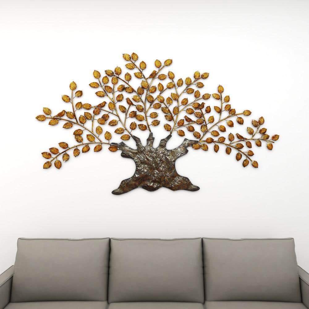 Large Brown and Gold Metal Tree Wall Sculpture with Leaves