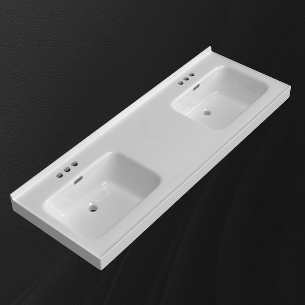 61 in. W x 22 in. D Solid Surface Rectangular White Double Sink Bath Vanity Top with Backsplash and Basin Countertop