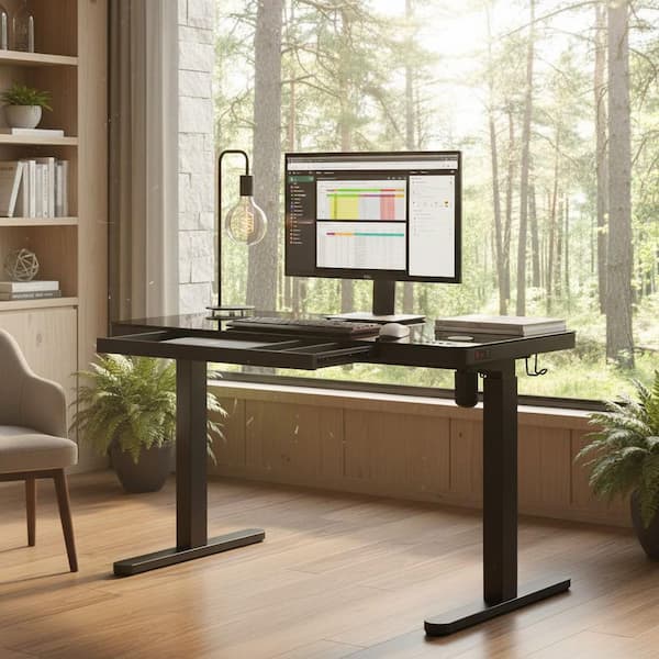 AIE 47.3 in. Onyx Black Glass Electric Standing Desk with Wireless Charger, USB Ports, Drawer and Memory Height Presets
