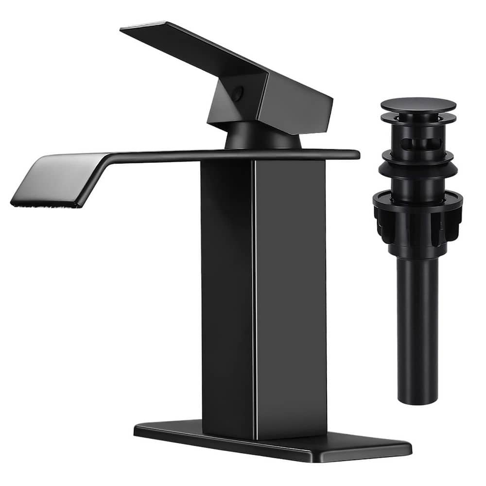 Waterfall Spout Single Handle Single Hole Bathroom Faucet with Deckplate and Pop-Up Drain in Matte Black price history on PriceWatchPro