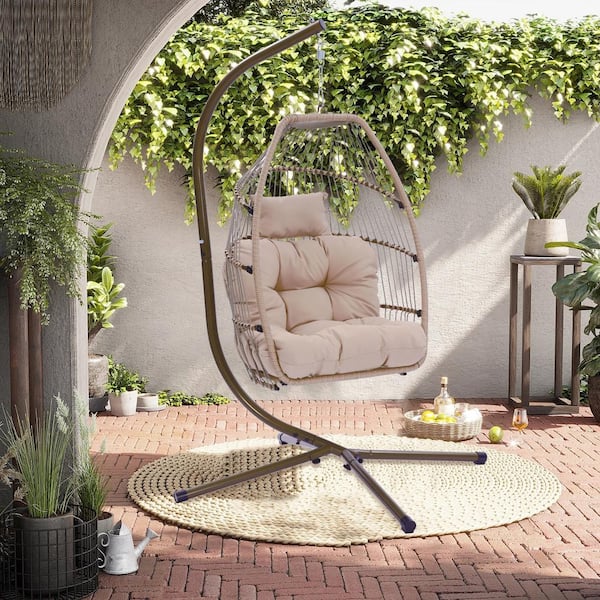 Satico 76 in. Egg-Shape Bracket Outdoor Patio Wicker Rattan Steel Swing Chair with Khaki Cushion and Pillow