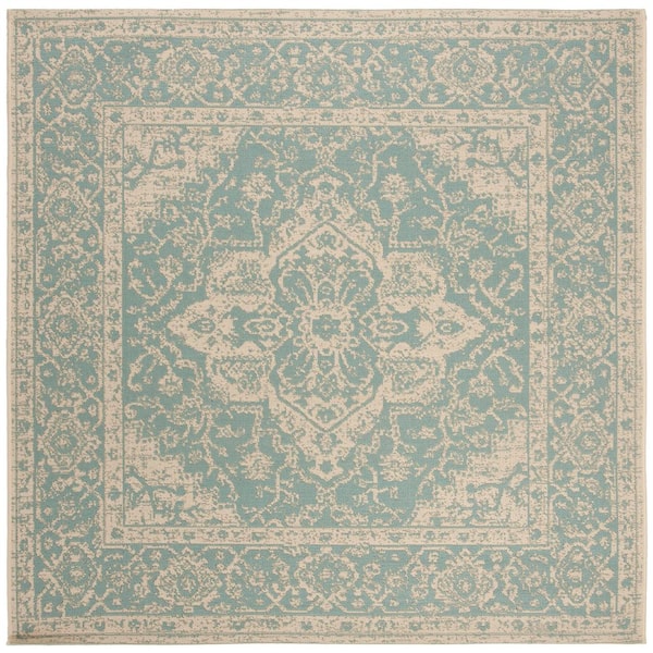 Linden Aqua/Cream 7 ft. x 7 ft. Border Antique Medallion Indoor/Outdoor Square Area Rug