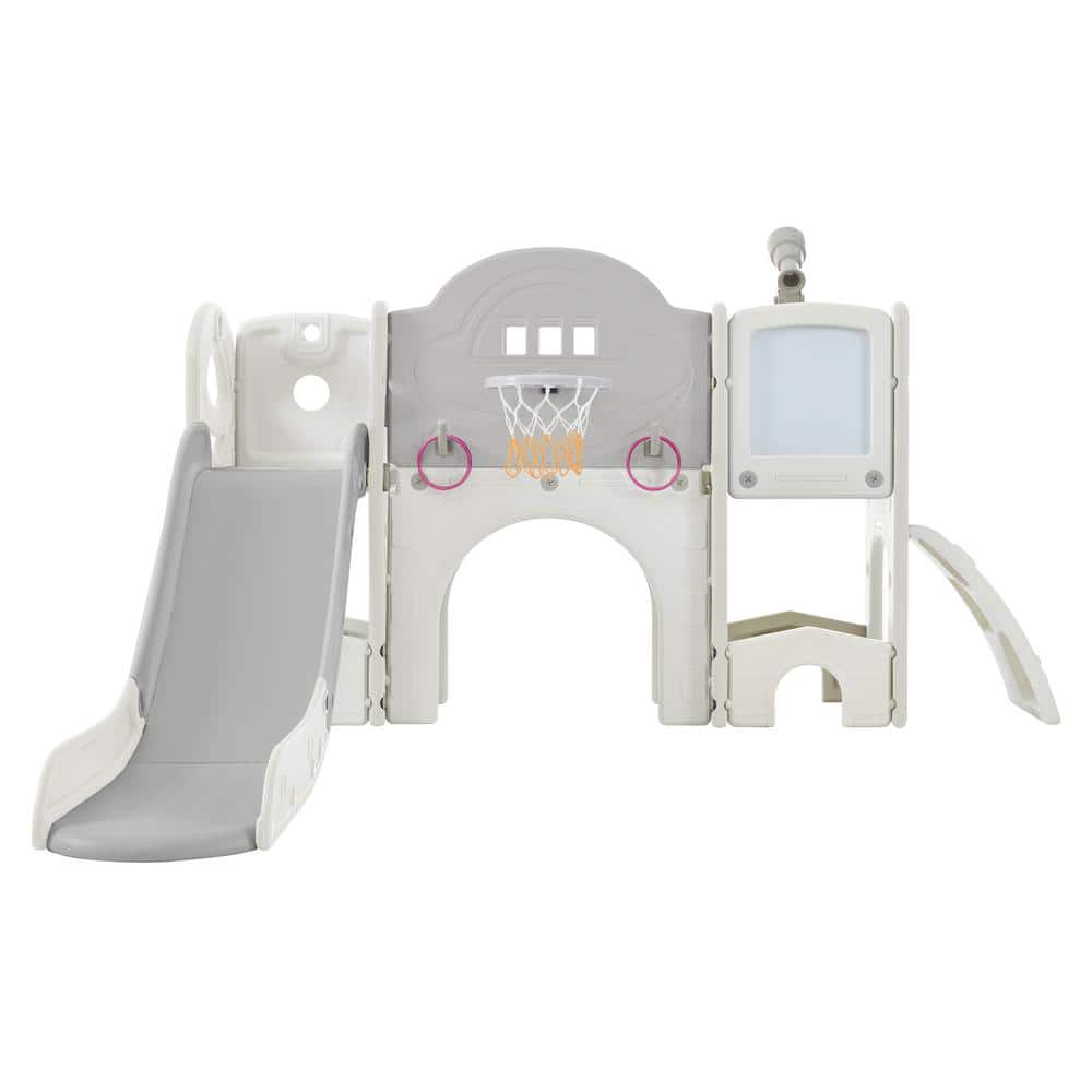 9 In 1 Gray Kids Slide Playset With Slide, Arch Tunnel, Ring Toss 