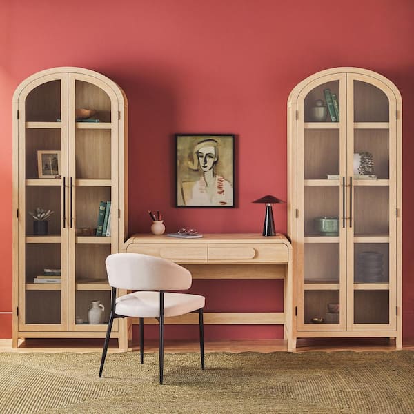 Walker Edison Furniture Company 3-Piece Modern 38 in. Waterfall Coastal Oak Writing Desk with Curved Pull Drawers and 2 76 in. Glass Door Bookcases