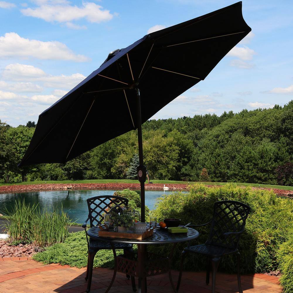 Navy Blue Aluminum Solar LED Patio Market Umbrella with Tilt, 9 ft