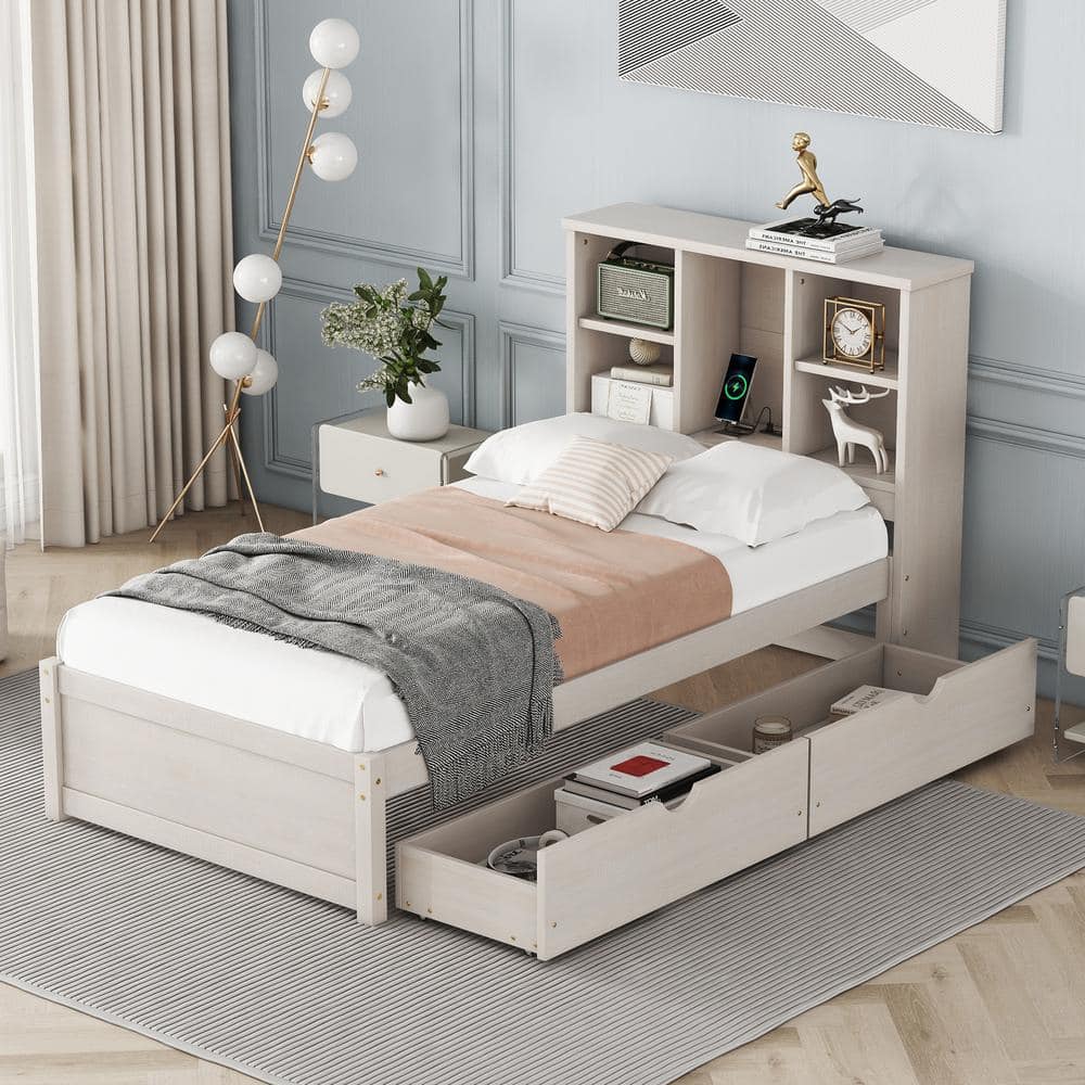 Nestfair White Washed Wood Frame Twin Size Platform Bed with Built