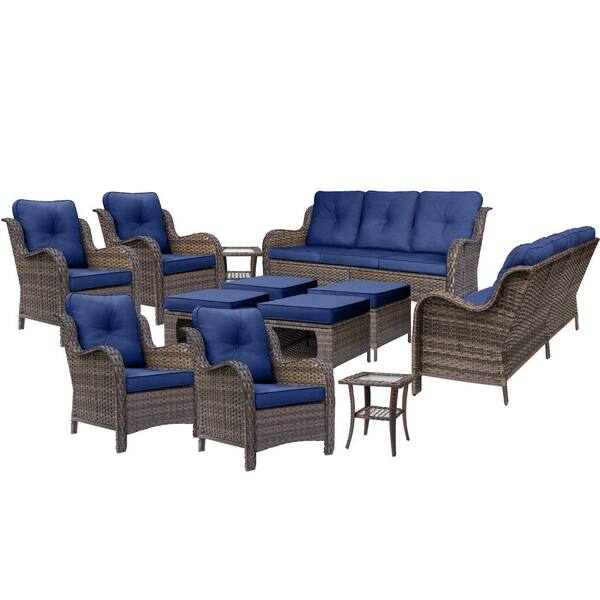 Brown 12-Piece Wicker Patio Furniture Set Outdoor Rattan Sofa Lounge Chair Ottoman and Side Table with Navy Blue Cushion