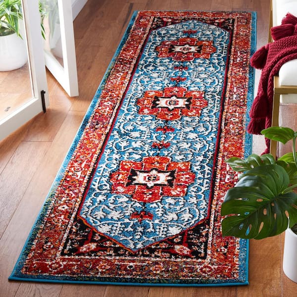 Vintage Hamadan 2 ft. x 8 ft. Red/Blue Medallion Ornate Runner Rug