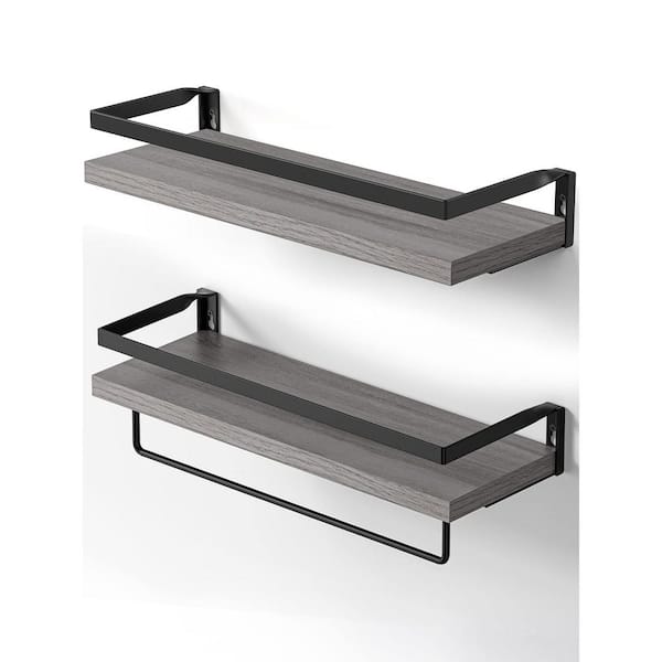 Unbranded 5.9 in. D x 16.5 in. W x 2.75 in. H Grey Wall Shelves with Towel Bar (Set of 2)