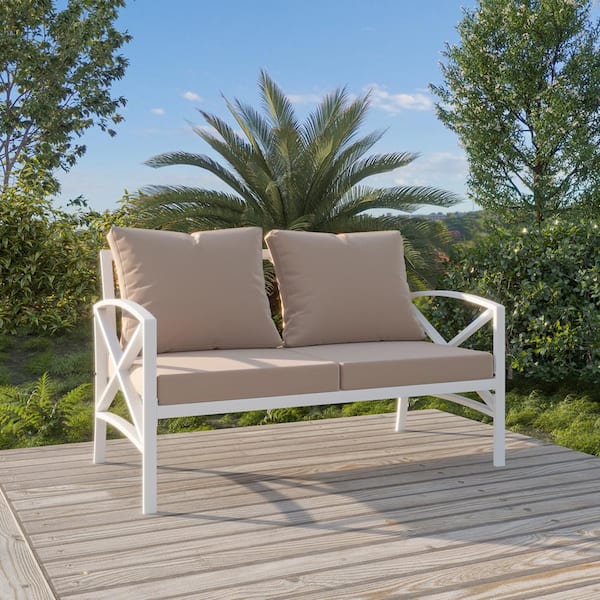 Wateday White Metal Outdoor Loveseat with Warm Grey Cushions