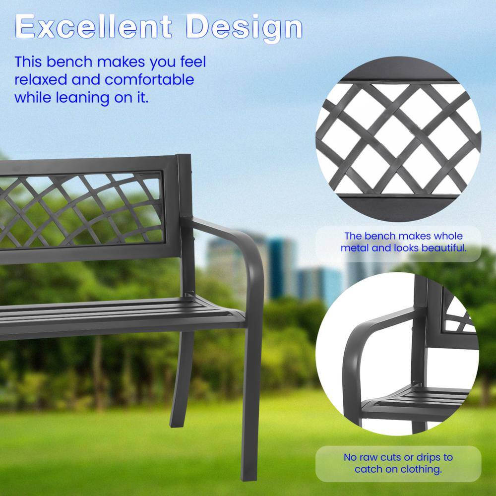 Misty Black Steel Outdoor Bench with Ergonomic Armrests