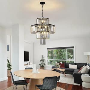 Luxury 12-Light Crystal Dimmable Tiered Chandelier Hanging Pendant Light Fixture for Dining Living Room Bedroom, Black