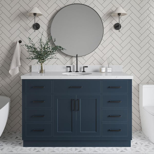 ARIEL Hepburn 54 in. W x 22 in. D x 36 in. H Single Sink Freestanding Bath Vanity in Midnight Blue with Carrara Quartz Top
