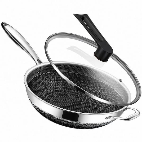 Large 14.5 in. Silver Stainless Steel Non-Stick Induction Wok, Dishwasher Oven Safe, Stay Cool Handle Skillet