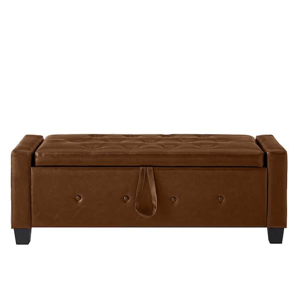 Brown Faux Leather Rectangle Upholstered Accent Big (48 in.) Ottoman Bench w/ Storage for Bedroom, Living Room, Hallway