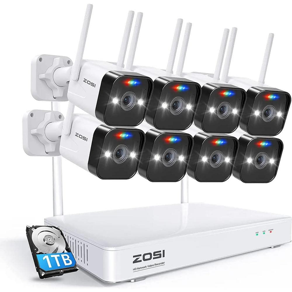 ZOSI H.265 Plus Wireless 8-Channel 3MP 2K 1TB NVR Security Camera System with 8 Outdoor Wi-Fi IP Cameras, Color Night Vision, Black/White -  ZSWNVK-U83081-W