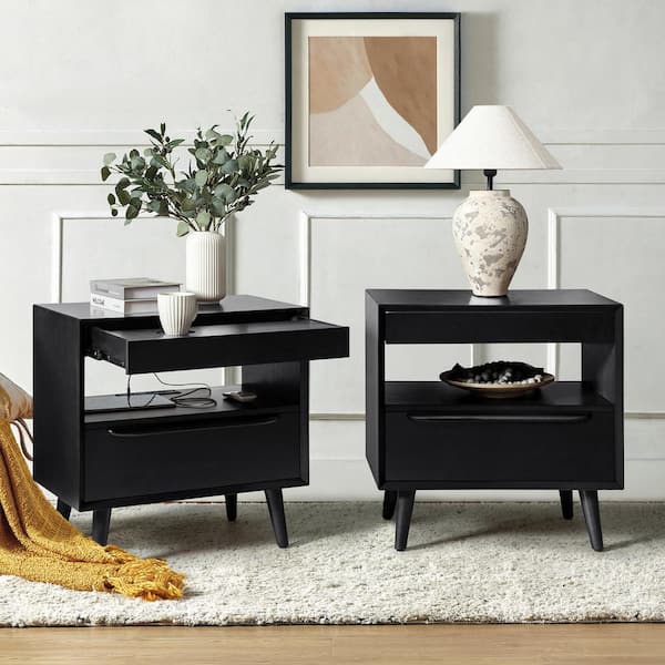 JAYDEN CREATION Galena Black Mid-Century Modern 2-Drawer Nightstand with Built-in Outlets (Set of 2)