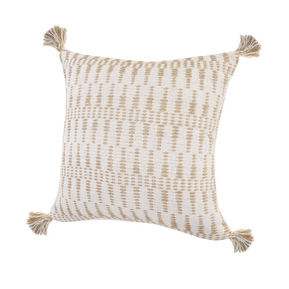 Ivory and Tan Ikat Jute Tasseled Throw Pillow, 20" x 20"