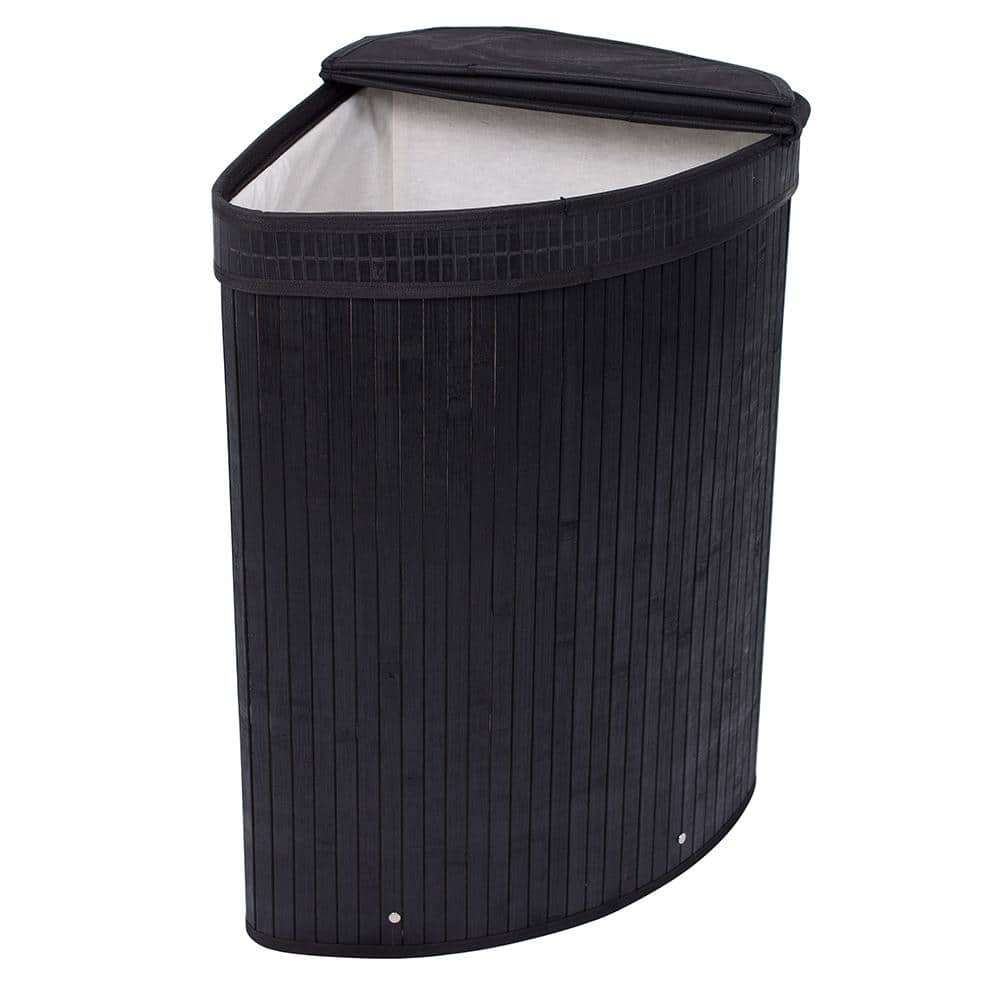 Black Bamboo Collapsible Corner Laundry Hamper with Lid