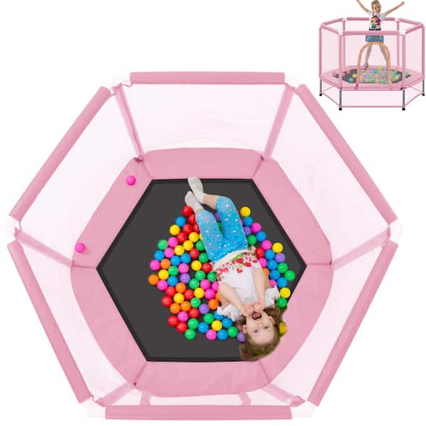 Pink 55 in.Toddlers Trampoline with Safety Enclosure Net and Balls, Indoor Outdoor Mini Trampoline for Kids