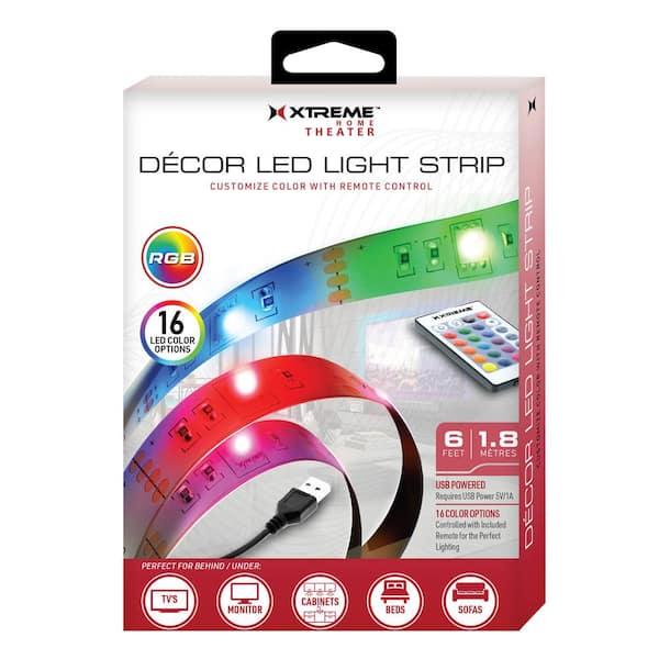 XTREME 6 ft. Decor LED Under Cabinet Light Strip, 16 Different Colors and  Customizable Flash/Strobe/Fade/Smooth Modes XLB7-1022-BLK - The Home Depot