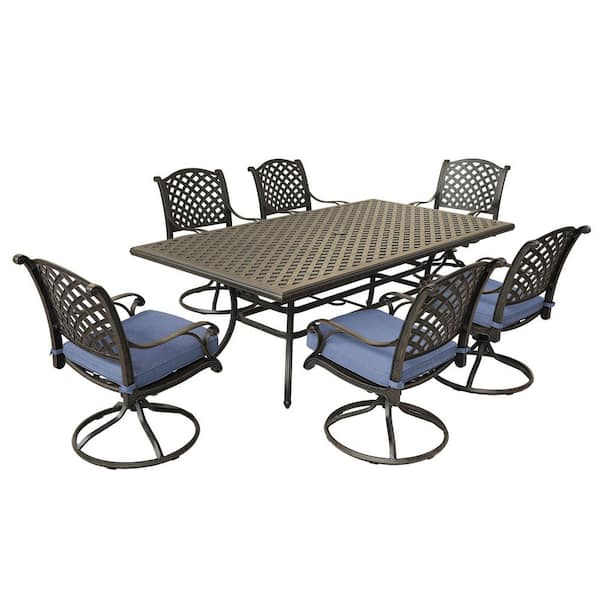 Mondawe Betanni Dark Gold 7-Piece Aluminum Rectangular 86 in. D Patio Outdoor Dining Set with Blue Cushion for Garden, Yard