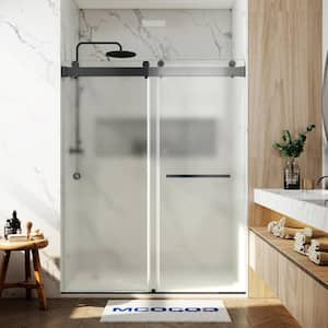 56-60.75 in. W x 76 in. H Double Sliding Frameless Soft Close Shower Door in Matte Black with 3/8 in. Frosted Glass