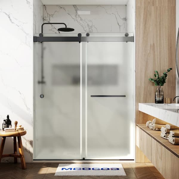 56-60.75 in. W x 76 in. H Double Sliding Frameless Soft Close Shower Door in Matte Black with 3/8 in. Frosted Glass