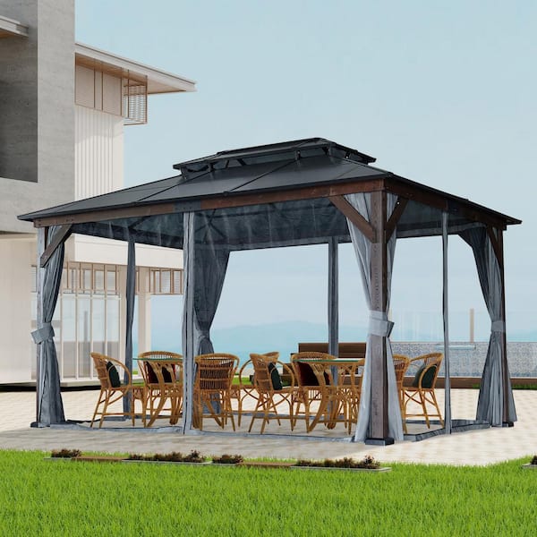 10 ft. x 13 ft. Outdoor Black Cedar Wood Hardtop Patio Gazebo with Polycarbonate Double Roof with Curtain and Netting