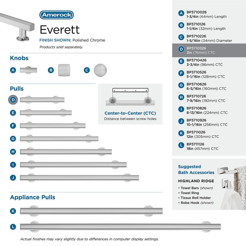 Amerock Everett 3 inch (76mm) Center-to-Center Polished Chrome Cabinet Pull