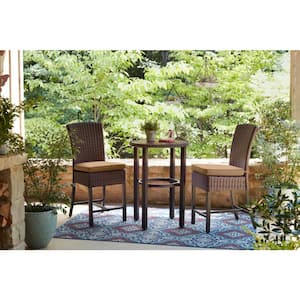 Harper Creek Brown 3-Piece Steel Outdoor Patio Bar Height Dining Set with CushionGuard Toffee Tan Cushions