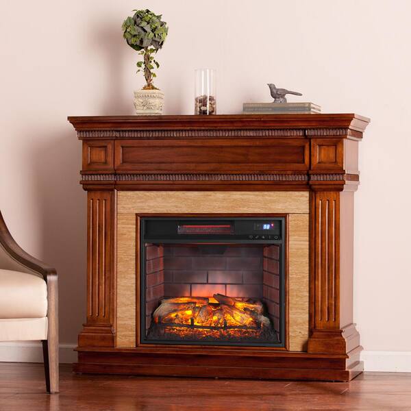 Southern Enterprises Kingston 45.5 in. W Stone Look Infrared Electric Fireplace in Oak Saddle