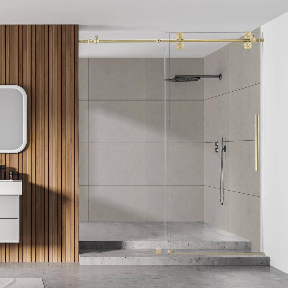 Gold and Clear Glass Frameless Sliding Shower Door, 68" x 78"
