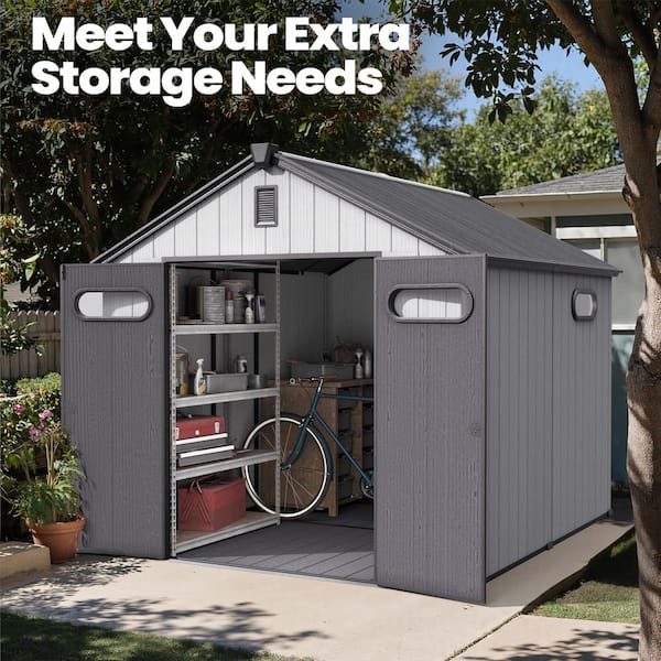 8 ft. x 10 ft. Resin Outdoor Garden Storage Shed w/ Floor (80 sq. ft. ), Windows, Drainage and Air Vent in Light Gray