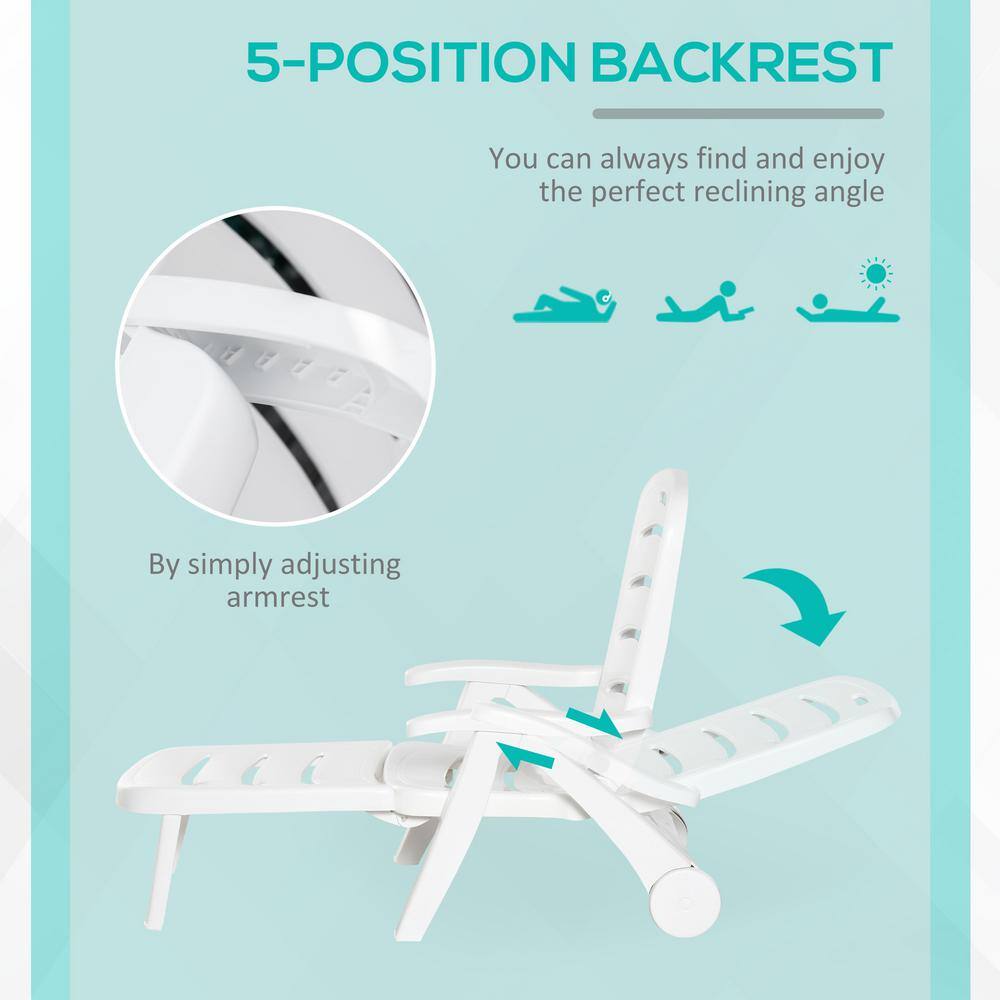 White Plastic Folding Outdoor Chaise Lounge with Adjustable Backrest and Wheels