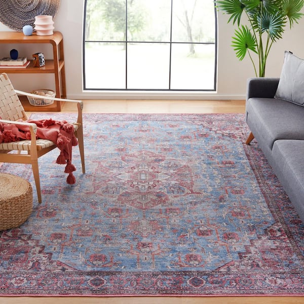 Serapi Blue/Rust 7 ft. x 7 ft. Machine Washable Border Ornate Square Area Rug