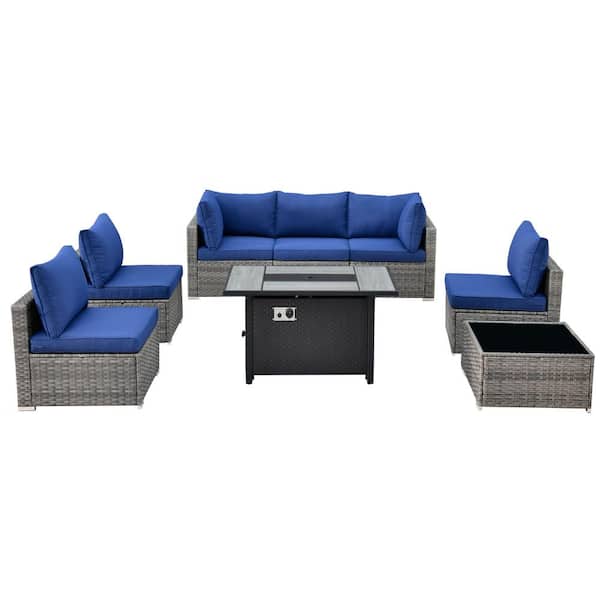 Sanibel Gray 8-Piece Wicker Patio Conversation Sofa Sectional Set with a Metal Fire Pit and Navy Blue Cushions