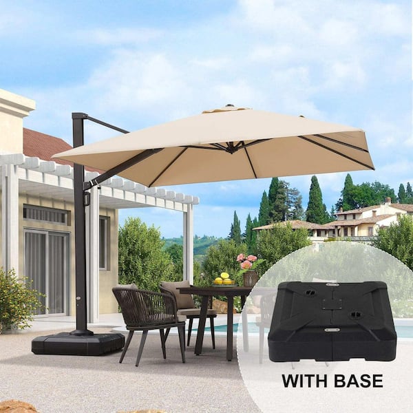 10 ft. Square Large Outdoor Aluminum Cantilever 360-Degree Rotation Patio Umbrella with Base, Beige