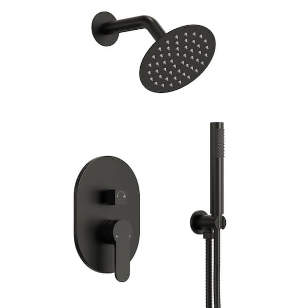Round 6 in. 2-Spray Wall Mount Dual Fixed and Handheld Shower Head 1.8 GPM in Matte Black Valve Included