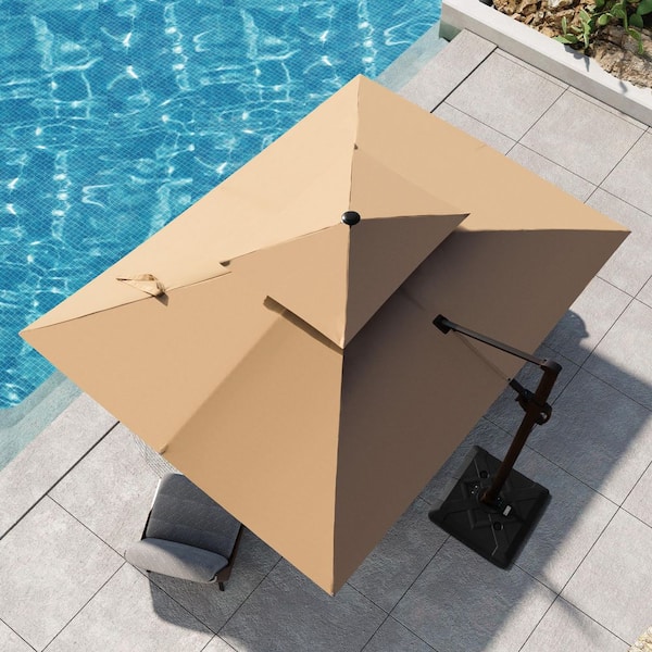 Pellebant Double Top 9 ft. x 12 ft. Aluminum Outdoor Parasol 360° Rotation Cantilever Patio Umbrella in Tan with Fillable Base