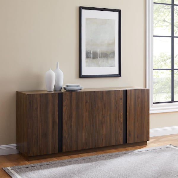 Dark Walnut Wood and Metal Accent Modern 4-Door Sideboard