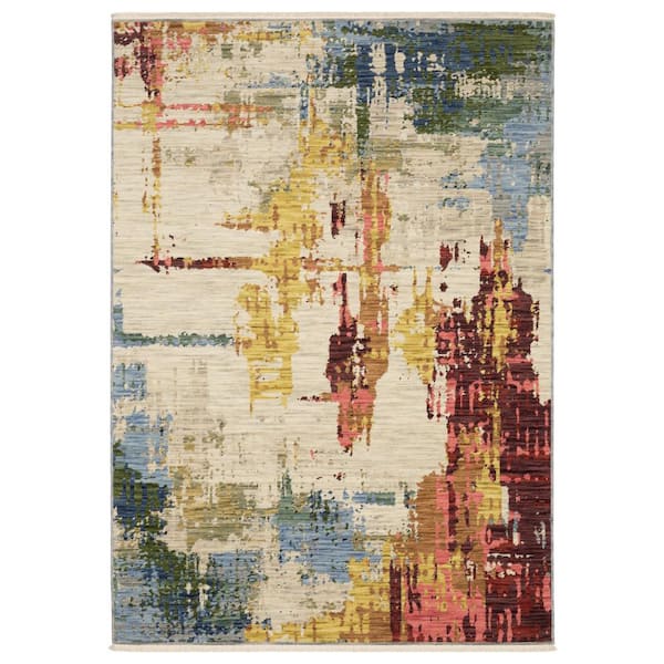 AVERLEY HOME Solano Beige/Multi-Colored 10 ft. x 13 ft. Distressed Abstract Wool Nylon Blend Fringe-Edge Indoor Area Rug