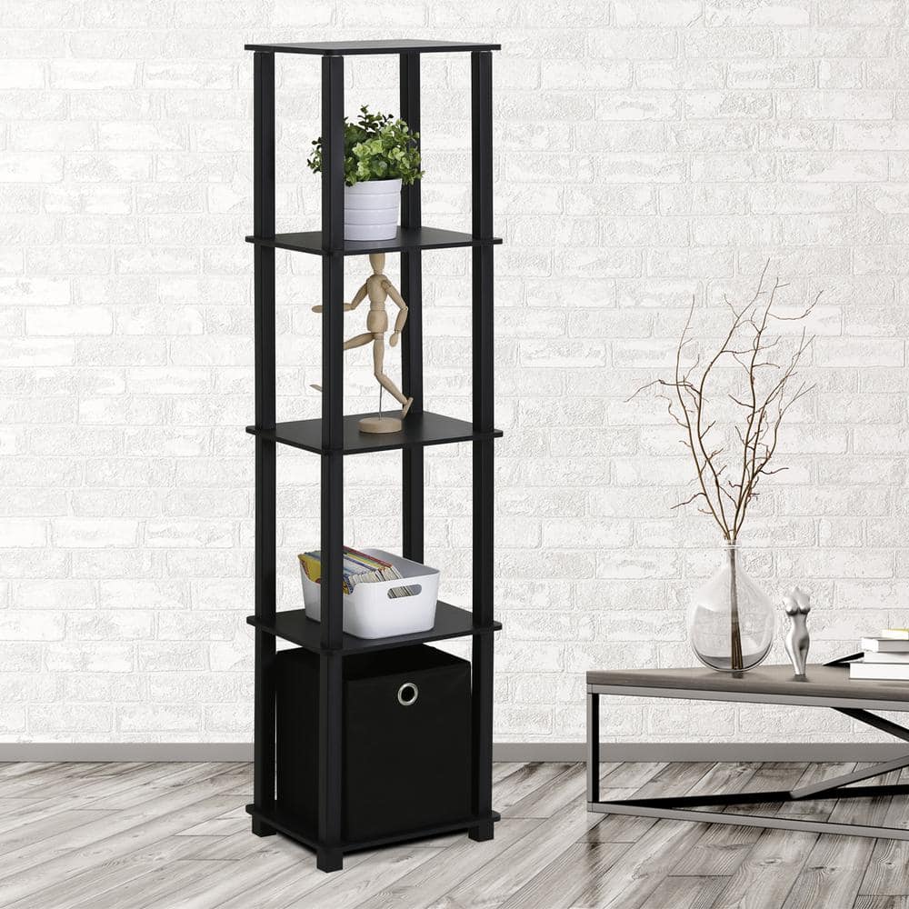 Furinno 5-Tier Black No-Tools Display Shelf with Storage Bin