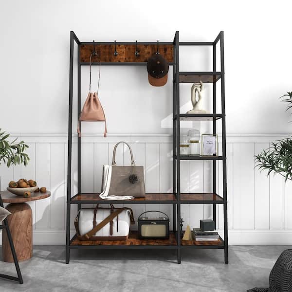 Uixe 73in. Dark Walnut Wash Industrial Metal and Wood Hall Tree