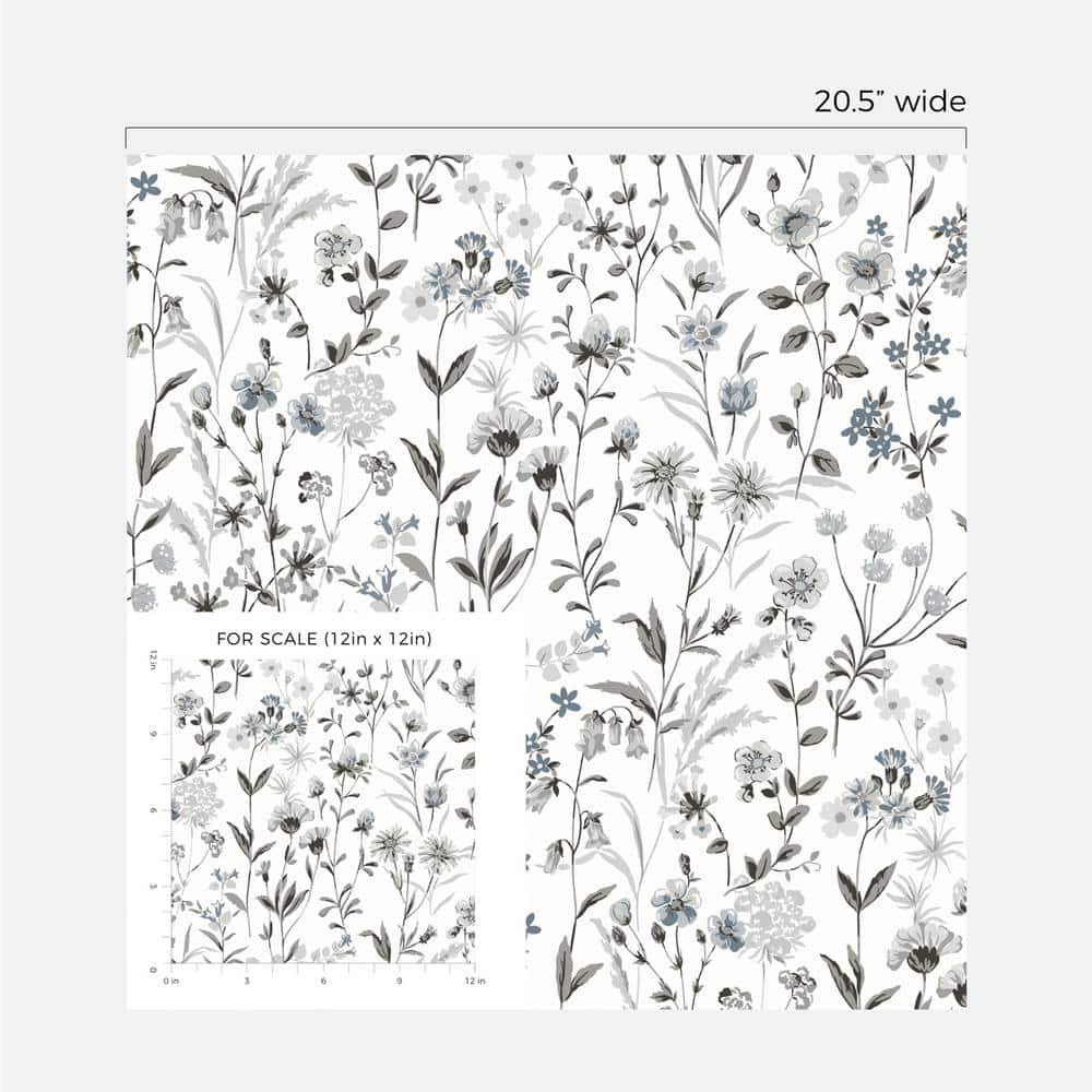 Charcoal and Bluestone Floral Peel and Stick Wallpaper